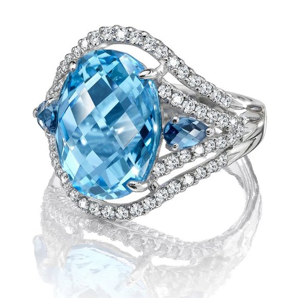 Fashion Oval Sea Blue Gems Zircon Stackable Rings for Women, EVGG1569 - Picture 1 of 7